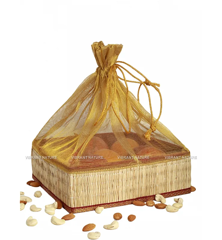 Natural Kora Grass Golden Square Potli